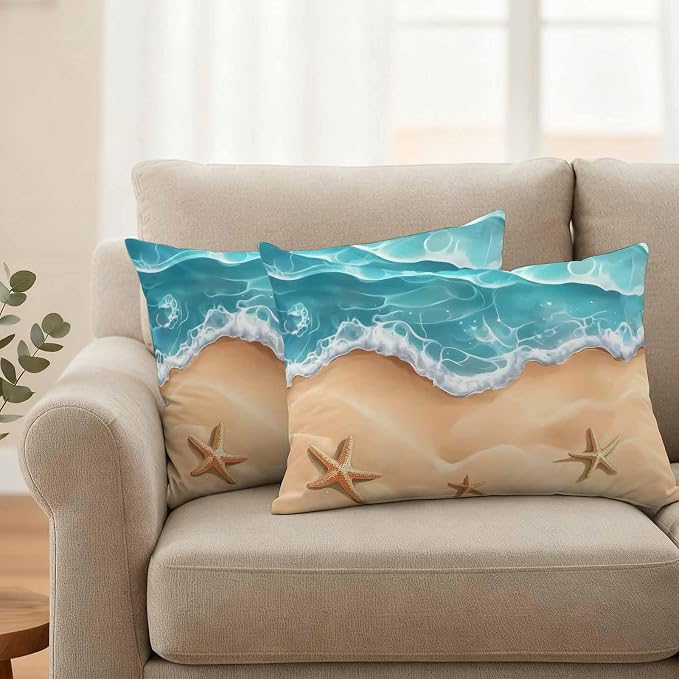 Ocean Beach Waterproof Outdoor Pillow Covers Set of 2 Home Decor, Starfish Sea Waves Coastal Seaside Sand Pillowcase Patio Pillow Covers for Couch Bench Furniture Garden 20x12in