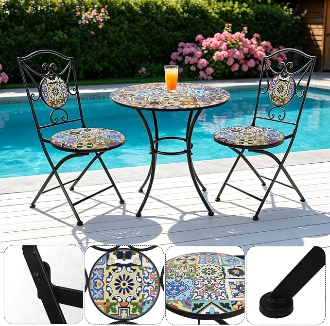 Folding Patio Chairs Set of 2 Mosaic Bistro Chair Outdoor Seating | Garden Patio Furniture Seating Heavy Duty Metal Frame Dining Chairs for Lawn Yard Balcony Porch Backyard Poolside
