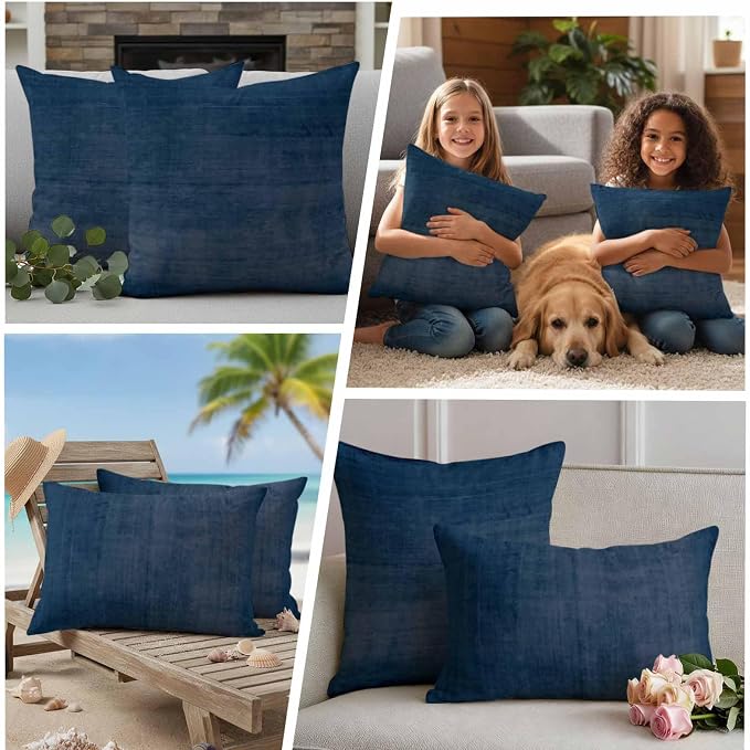 Vandarllin Outdoor Throw Pillows Covers 20x20 inch Set of 2 Waterproof Navy Blue Linen Decorative Zippered Cushion Covers for Patio Furniture, Solid Color Texture Lumbar Pillowcases