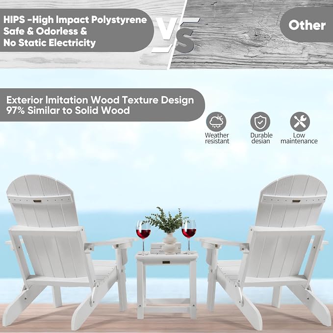 Outdoor Side Table Set of 2, HIPS Plastic Composite Adirondack Patio Table, Weather Resistant End Tables for Outside, Indoor, Patio, Garden, Pool, Porch, Backyard, Lawn, Deck - White