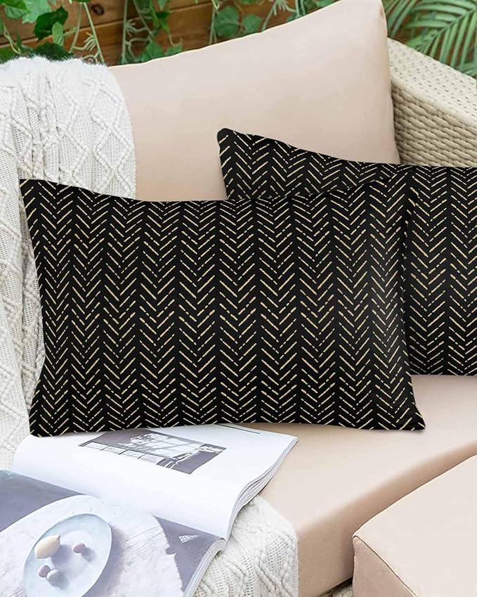 Black Gold Striped Outdoor Pillow Covers Waterproof,All Weather Cushion Case Set of 2 Lumbar Pillowcase for Sofa Couch Bed Decor Patio Furniture 20"x12" Boho Minimalist Geometric Bohemia