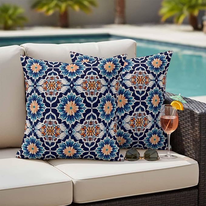 Orange Blue Outdoor Pillow Covers 26x26 Inch Throw Pillow Covers Set of 2 Waterproof Decorative Pillow Cases Morocco Boho Abstract Floral Ethnic Tribal Cushion Covers for Patio Furniture Garden Couch