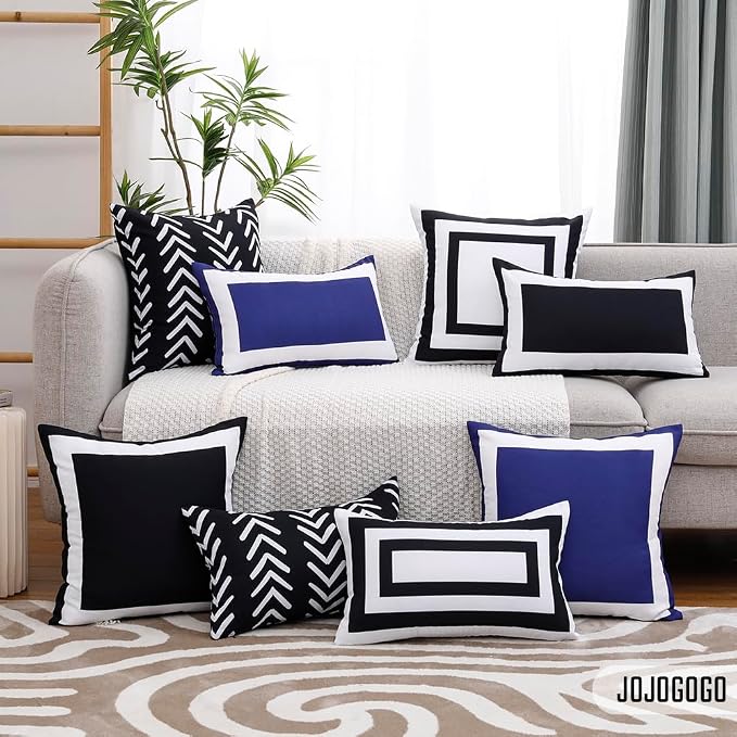 JOJOGOGO Navy Blue Outdoor Throw Pillow Covers Waterproof 18x18 Set of 2, Navy Decorative Outdoor Waterproof Sunburn Resistant Cushion Boho Pillows 18 x 18 for Patio Furniture Bench (White Border)