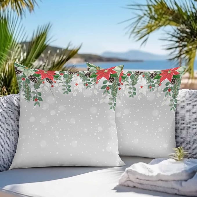 Outdoor Throw Pillow Covers, Christmas Poinsettia Flower Pine Cones Eucalyptus Leaf Winter Snowflake Gray Waterproof Pillowcases Cushion Covers Cases for Patio Couch Bench, Pack of 2 Square, 18"X18"