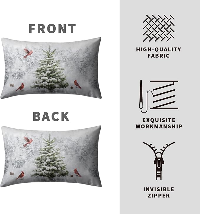 Winter Christmas Lumbar Pillow Covers 12x20 Set of 2 Snowy Natural Forest Rectangle Pillowcase Green Pine Tree with Cardinal Birds Waist Cushion Case for Couch Living Room Patio