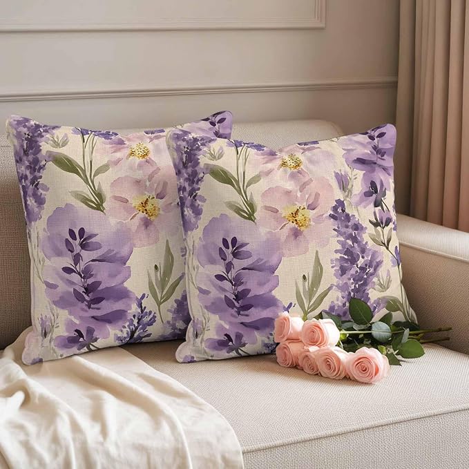 Spring Flowers Outdoor Waterproof Throw Pillow Covers Set of 2, 16"x16", Lavender Leaf Purple Floral Vintage Decorative Pillow Covers Outside Cushion Case for Patio Porch Garden