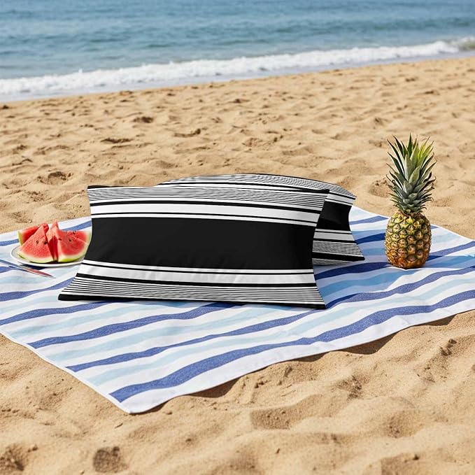 Vandarllin Outdoor Throw Pillows Covers 20x12 inch Set of 2 Waterproof Black Stripes Decorative Zippered Cushion Covers for Patio Furniture, Striped Lines Lumbar Pillowcases