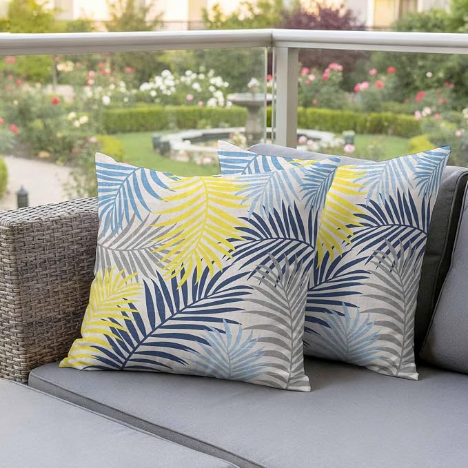 Yellow Blue Palm Leaves Outdoor Pillow Covers 20"x20" Set of 2, Summer Botanical Vintage Tropical Leaf Rustic Waterproof Throw Pillow Covers for Patio Furniture, Decorative Cushion Covers for Porch