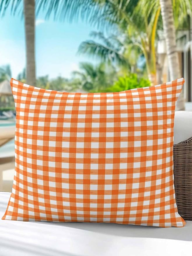 Outdoor Waterproof Throw Pillows Orange Buffalo Plaid Patio Pillows,Decorative Pillow Covers with Insert,Pillow Cushion Case for Garden Couch Sofa Classic Gingham Check Watercolor