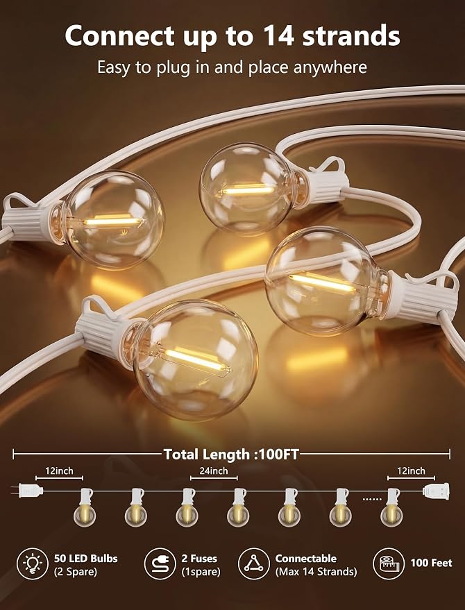 100FT G40 LED White String Lights Outdoor, Connectable Patio Globe String Lights with 52 Shatterproof LED Bulbs, Waterproof Backyard Hanging Lights for Wedding Porch Garden Bistro Deck Balcony Decor