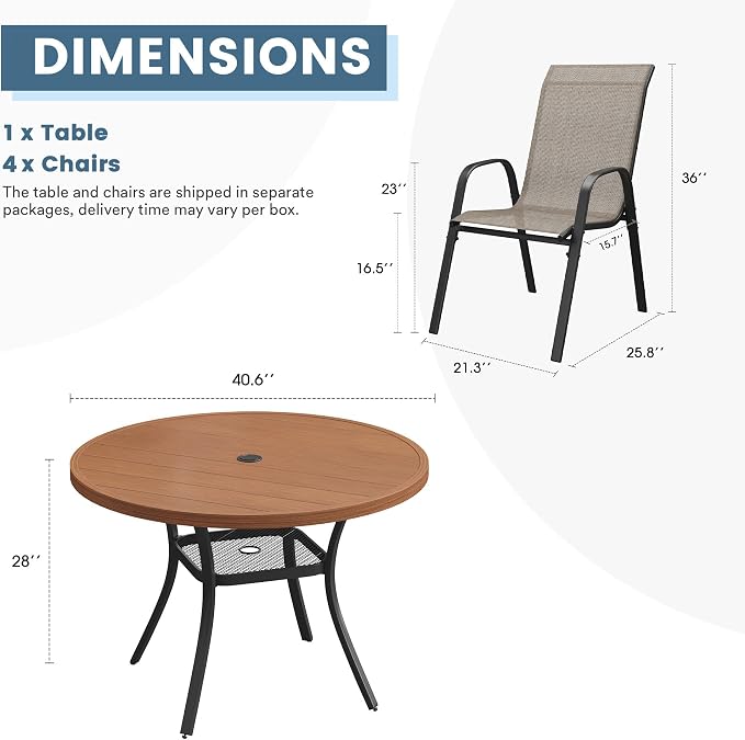 DIFY 5 Piece Outdoor Dining Set, 40" Walnut Round Metal Patio Table and Brown Textilene Stackable Chairs for 4, All Weather Patio Furniture Set with Umbrella Hole for Backyard Garden Deck