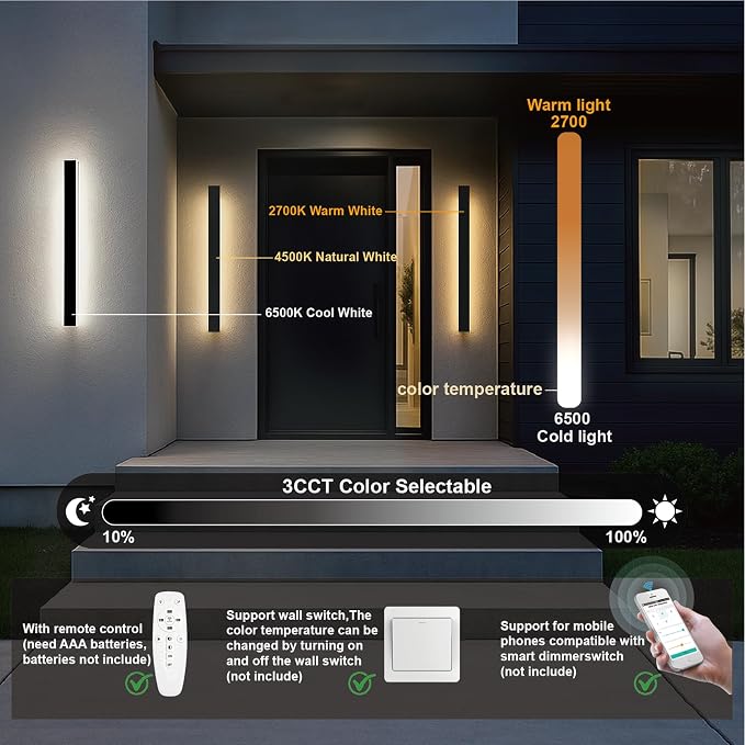39 Inch Modern Outdoor Wall Lights, 2700K-6500K Dimmable Selectable Outdoor Wall Sconce with Remote Control, IP65 Waterproof Exterior Linear Wall LED Light for House Garage