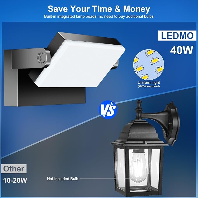 ledmo LED Flood Lights Outdoor - 360 Adjustable Head 60W Wall Pack Switch Control Modern Exterior Lighting Fixtures Commercial Security 5000K Wall Mount for Shop,Barn,Garage Yard 4 Pack,Black