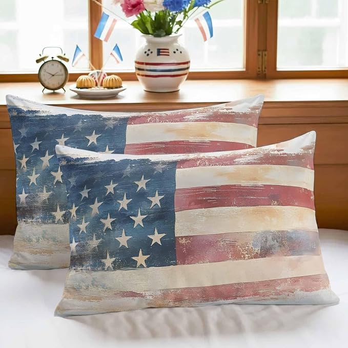 Retro American Flag Outdoor Pillow Covers 20"x12" Set of 2, Independence Day Waterproof Throw Pillow Covers for Patio Furniture, Decorative Cushion Covers for Porch