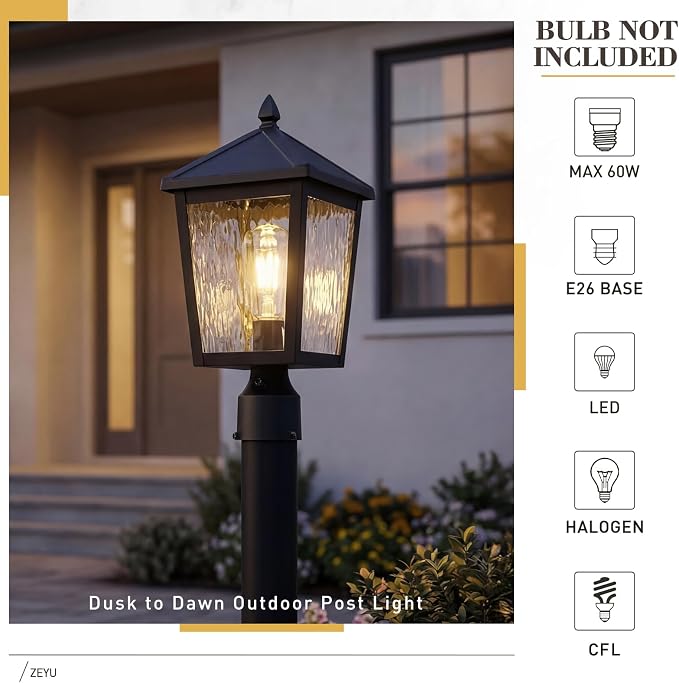 zeyu Dusk to Dawn Lamp Post Fixture with Photocell Sensor, 16 Inch Outdoor Lamp Post Light Sensor, Post Lantern Lamp with Water Ripple Glass, 20076P-PC BK-WP