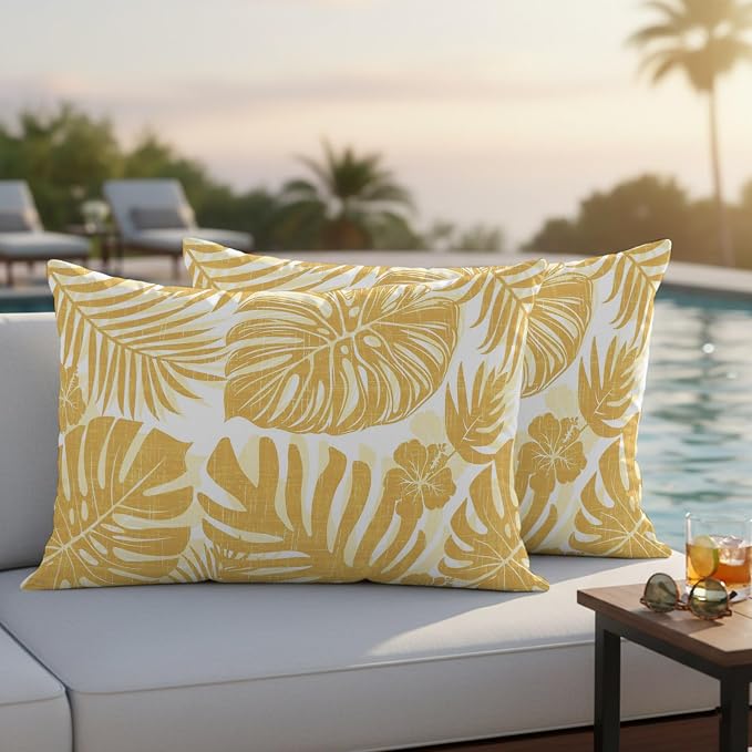 Yellow Palm Leaves Outdoor Pillow Covers 20"x12" Set of 2, Tropical Botanical Minimalist Modern Waterproof Throw Pillow Covers for Patio Furniture, Decorative Cushion Covers for Porch