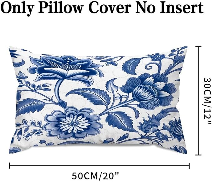 Set of 2 Blue and Ivory Indigo Floral Cushion Cover Case with Zipper 12x20in Canvas Pillow Cover Rectangle Pillow Case for Couch Bed Car Pub Coffee Bar Living Room Decoration