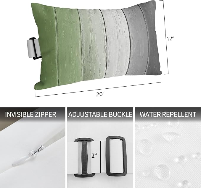 Sage Green Gray Ombre Outdoor Pillows for Chaise Lounge Chair Waterproof Lumbar Pillows with Insert&Strap Beach Headrest Pillow Vintage Country Wooden Recliner Neck Pillow for Patio Pool 12"x20"