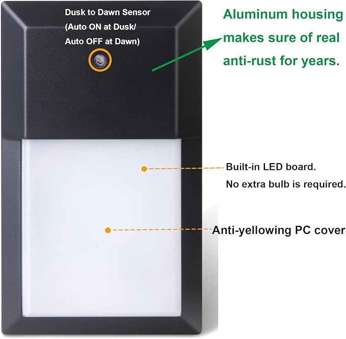 Outdoor Porch Light, LED Wall Sconce, Rustproof Aluminum | Dusk to Dawn Modern Exterior Wall Light Fixture for House, Patio, Garage, 12W 1000 Lumen, Waterproof, 5000K, Black, 1 Pack
