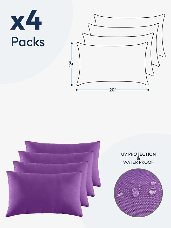 Indoor Outdoor Lumbar Pillows,Waterproof Outdoor Pillows Set of 4 for Patio Furniture,12×20 Inch, Purple