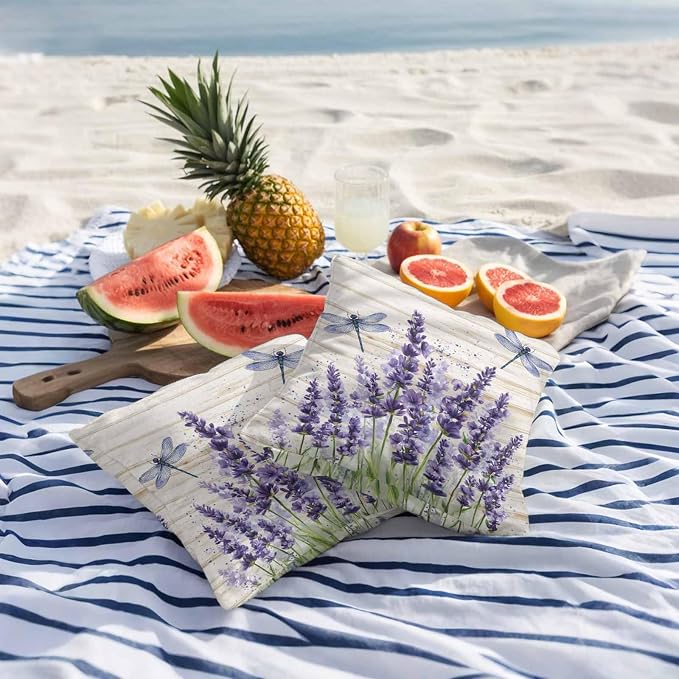 Outdoor Waterproof Throw Pillow Covers Set of 2 Lavender Flower Pillowcases 18x18 Inches Purple Floral Dragonfly Wood Decorative Pillows Cushion Case Patio Pillows for Couch Bed Chair Garden