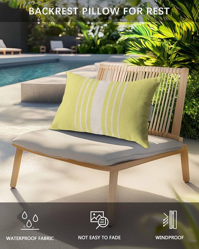 Pack of 2 Outdoor Lumbar Pillow Covers 11x16 Inch, Yellow Beige Striped Waterproof Throw Pillow Covers Set, Modern Farmhouse Retro Lines Indoor&Outdoor Decorative Cushion Cases for Patio Porch Beach