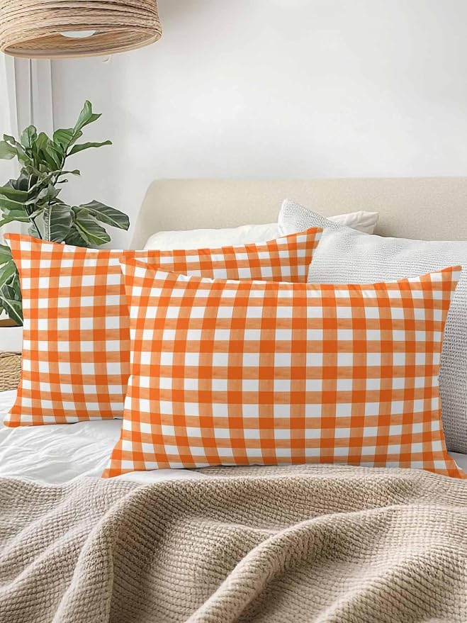 Outdoor Waterproof Throw Pillows Orange Buffalo Plaid Patio Pillows,Decorative Pillow Covers with Insert,Pillow Cushion Case for Garden Couch Sofa Classic Gingham Check Watercolor