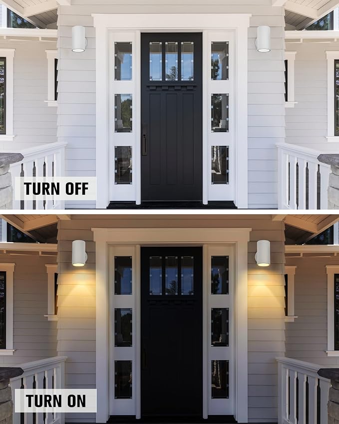 Ken & Ricky Modern Aluminum Outdoor Wall Sconce Lights,Cylinder，White,2 PK | Downward Outside Wall Light With Glass Cover,No Glare Exterior Lighting Fixtures,For House Front Porch Garage Patio Entryway