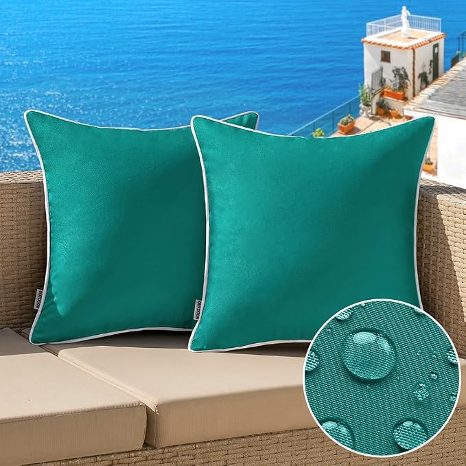 MIULEE Outdoor Waterproof Pillow Covers 18x18 Dark Teal Pack of 2 | Decorative Farmhouse Throw Pillow Covers with Piping,Square Solid Color,Patio Furniture,Summer Couch Tent Sofa Living Room