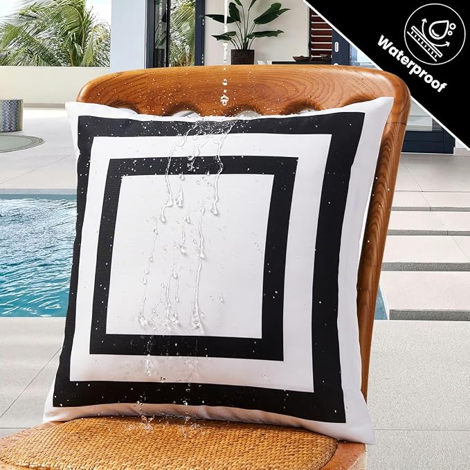 JOJOGOGO White Outdoor Throw Pillow Covers Waterproof 18x18 Set of 2, White and Black Decorative Outdoor Waterproof Boho Pillows 18 x 18 for Patio Furniture Bench (Black Border)