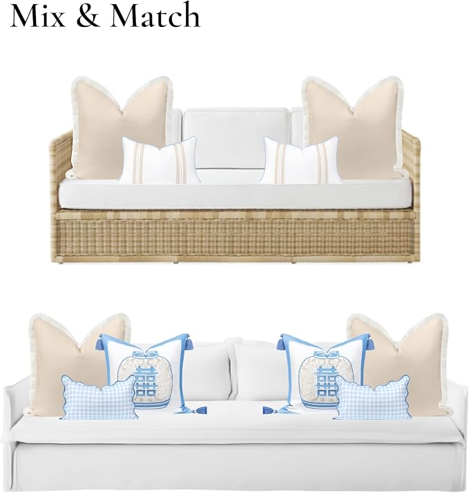 Hofdeco Premium Coastal Hampton Patio Indoor Outdoor Throw Pillow Cover Only, 22"x22" Water Repellent for Backyard, Couch, Poolside, Neutral Tan Print Solid