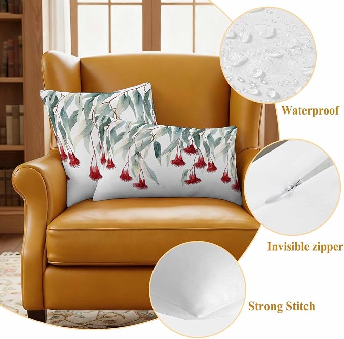 Red Floral Leaves Waterproof Outdoor Pillow Covers Set of 2 Home Decor, Pastoral Rustic Botanical Flowers Pillowcase Patio Pillow Covers for Couch Bench Furniture Garden 20x20in