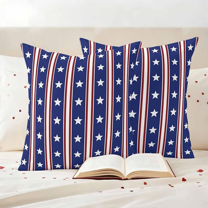Blue Red Outdoor Pillow Covers 26"x26" Set of 2, Waterproof Throw Pillow Covers for Patio Furniture, Stripes Patirotic Star Independence Day Decorative Cushion Covers for Porch