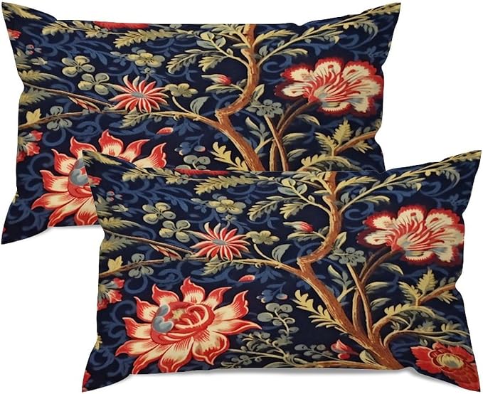 Zipped Pillow Cases for Home Decor Burgundy Gold Navy Blue Floral Botanical Throw Pillow Cover Set of 2 Farmhouse Cushion Cover Cases for Living Room Club Home Decor 12x20in