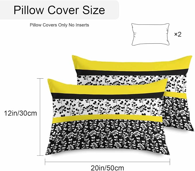 Black Yellow Outdoor Pillow Covers 20x12 Inch Lumbar Pillow Covers Set of 2 Waterproof Decorative Throw Pillow Cases Floral Stripe Aesthetic Flower Boho Cushion Covers for Patio Furniture