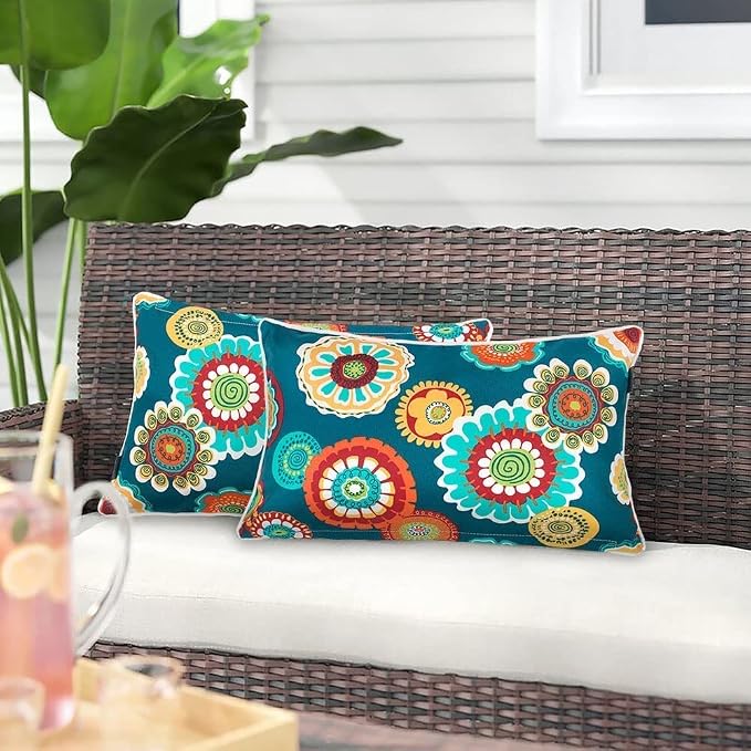 Magpie Fabrics Pack of 2 Outdoor Lumbar Pillow Case Covers 12"x20", Waterproof Rectangular Throw Pillowcase Shell Decorative Sham for Patio Garden Couch - Floral Green