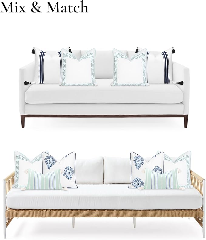Hofdeco Premium Coastal Patio Indoor Outdoor Throw Pillow Cover Only, 20"x20" Water Repellent for Backyard, Couch, Aqua Embroidered Greek Key with Piping