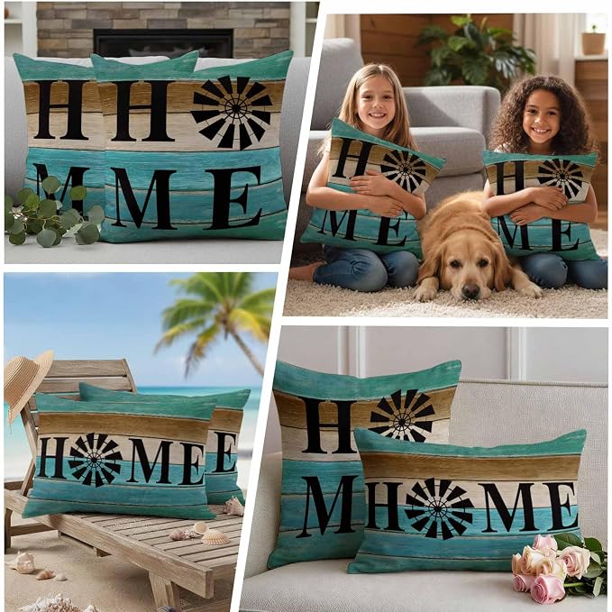 Outdoor Pillow Covers Set of 2, Home Farm Retro Wood Board Decorative Throw Pillow Covers 18X18IN, Teal Gradient Wooden Throw Pillows Protector Cushion Case for Patio,Couch,Sofa,Garden
