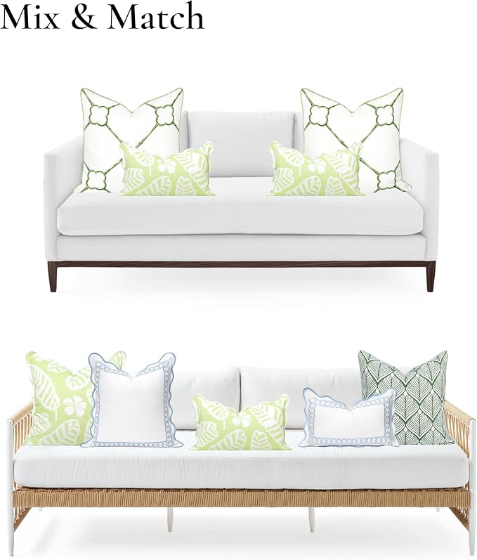 Hofdeco Premium Coastal Hampton Patio Indoor Outdoor Lumbar Pillow Cover Only, 12"x20" Water Repellent for Backyard, Couch, Poolside, Grass Green Print Palm Leaves and Hisbucs Flowers