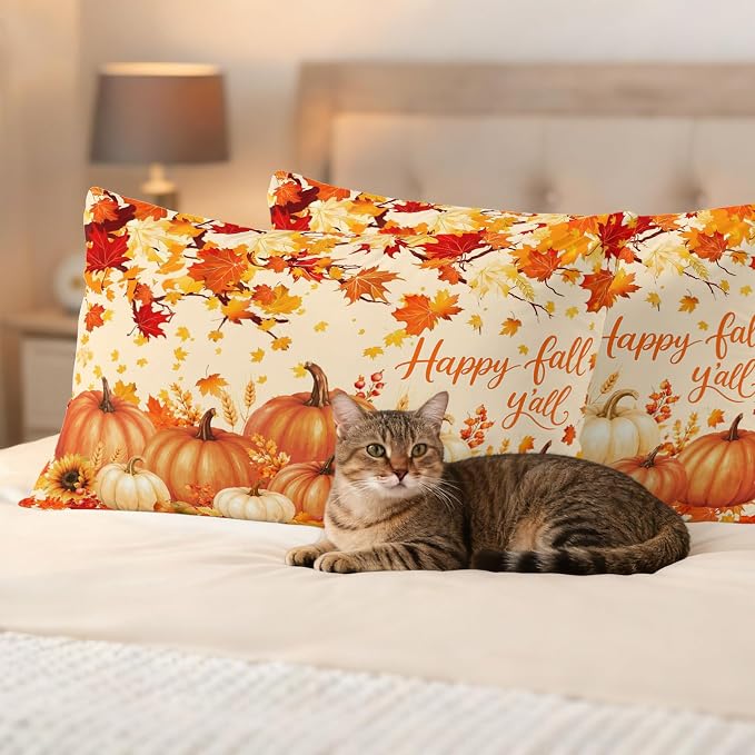 Orange Fall Waterproof Outdoor Pillow Covers 20''x12'' Set of 2, Maple Tree Branch Thanksgiving Pumpkin Patio Cushion Covers for Chairs,Decorative Countryside Leaves Pillow Cases for Garden/Pool/Beach