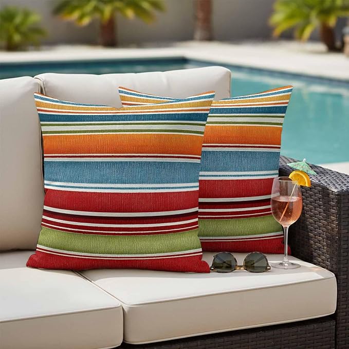 Yukro Color Striped Outdoor Waterproof Pillow Covers Pack of 2, Orange Blue Red Green Stripes Abstract Modern Throw Pillowcases Decorative Cushion Covers for Garden Patio Tent Sofa Couch, 16x16 inch