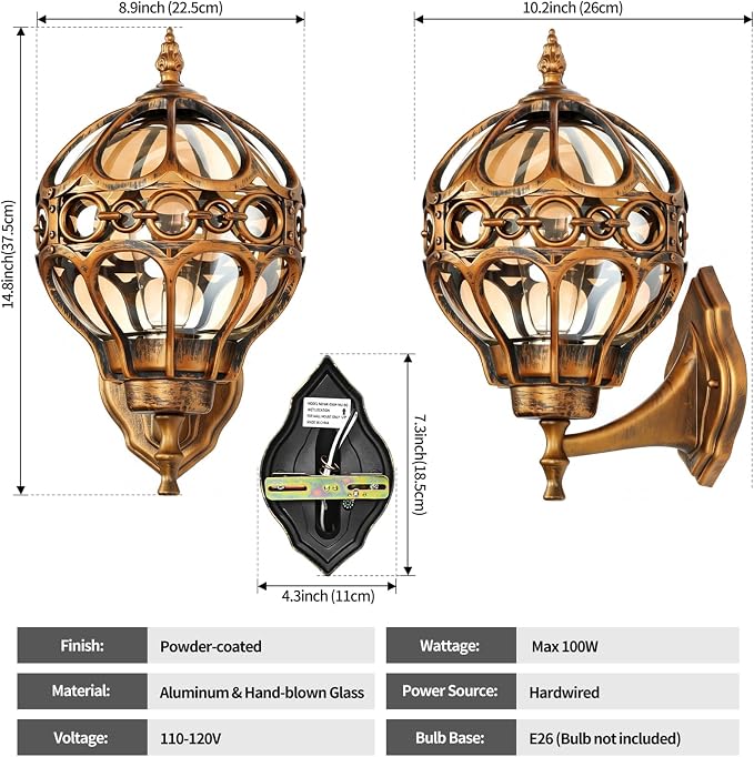 2 Pack Brushed Gold Globe Die Cast Aluminum Outdoor Wall Lights | Anti-Rust Waterproof Hardwired Exterior Wall Sconce with Amber Glass, Outside Wall Lantern for Patio, Porch, Backyard