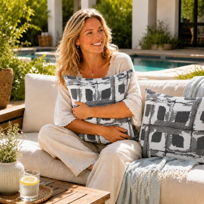 Indoor Outdoor Waterproof Throw Pillow Covers, Pack of 2 UV Fade Resistant Pillowcase Shell Cushion Sham for Garden Patio Tent Balcony Couch Sofa, 18 x 18 Inch (Gray Geometric)