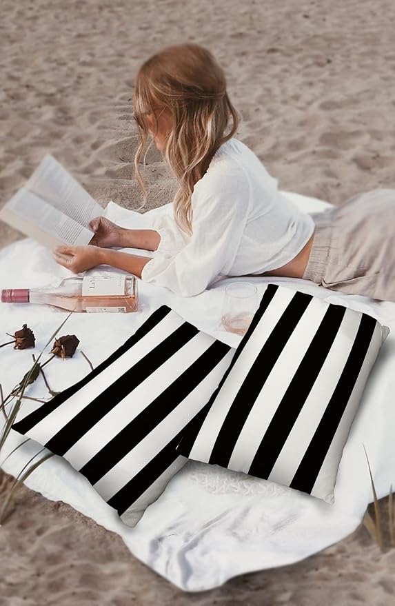 Outdoor Pillows 20x12 Waterproof Outdoor Pillow Covers, Black White Stripes Polyester Throw Pillow Covers Garden Cushion Decorative Case for Patio Couch Decoration Set of 2, Geometric