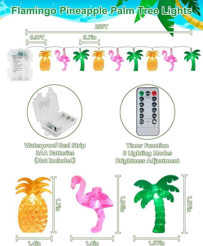 50 LED 25ft Summer Hawaiian Beach Battery String Lights Outdoor with Remote | Flamingo Pineapple Palm Tree Fairy Twinkle Lights Battery Operated with 8 Modes & Timer for Tropical Beach Party Pool Decor