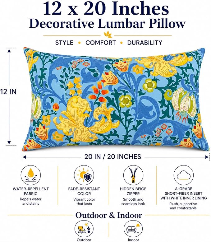 Pack of 2 Patio Lumbar Pillows 12"x20" | Fade Resistant Outdoor Waterproof Lumbar Pillow with Inners Decorative Garden Lumbar Cushions for Home Patio Terrace Sofa