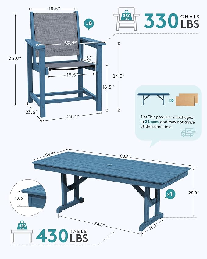 SERWALL 9 Piece Outdoor Dining Set, 84" HDPE Outdoor Large Table and Textilene Sling Chairs for 8，All Weather Patio Dining Furniture Set with Umbrella Hole for Backyard, Garden, Blue
