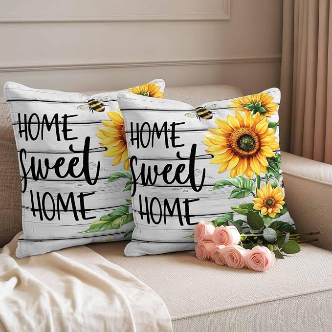Throw Pillow Covers 20x20 Inch Set of 2, Yellow Sunflower Waterproof Outdoor Pillow Covers, Bee Wooden Grain Country Farmhouse Decorative Cushion Pillowcases for Couch, Sofa, Bed, Garden, Patio