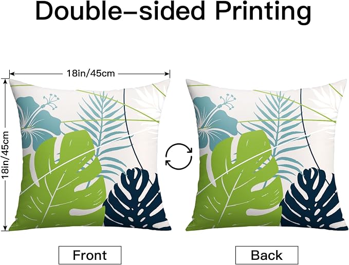 OTOSTAR Outdoor Waterproof Throw Pillow Covers 18x18 Inch Set of 2 Double-Sided Light Green Blue Tropical Leaf and Flower Spring Summer Decorative Pillow Cases for Patio Funiture Garden Balcony Couch