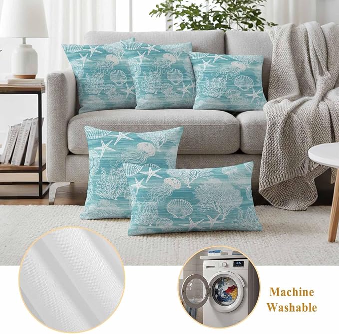 Teal Coastal Outdoor Waterproof Throw Pillow Covers Set of 2, 20"x20", Nautical Starfish Jellyfish Coral Summer Decorative Pillow Covers Outside Cushion Case for Patio Porch Garden